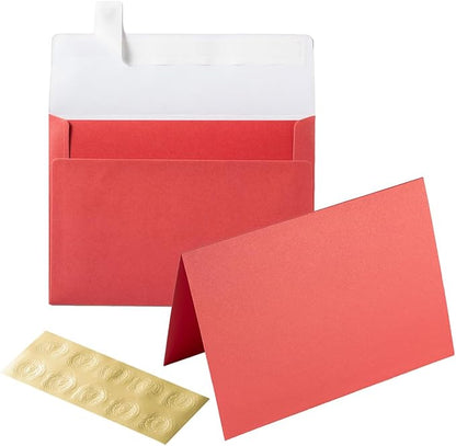 Wishop 50 Pack Shiny Self-Adhesive Envelopes with Shiny Fold Cards for Wedding Invitations, Greeting Cards, Baby Shower, Letter Mailing (Red, 5x7)