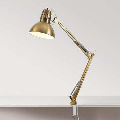 Globe Electric 62000010 32" Multi-Joint Desk Lamp with Metal Clamp, Matte Brass, White Accents, On/Off Rotary Switch on Shade, Partially Adjustable Swing Arm, Home Décor, Office Accessory