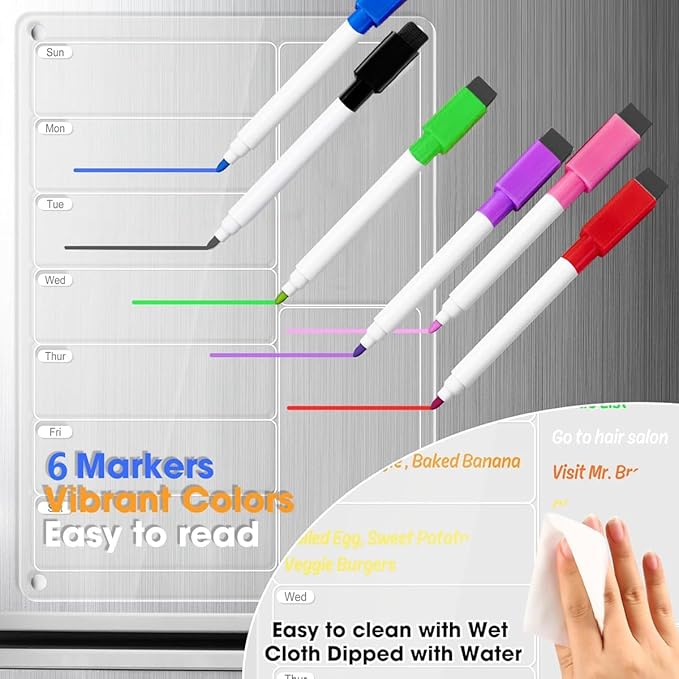 Acrylic Meal Planner Magnetic Menu Board for Kitchen Fridge, Clear Weekly Calendar Planning Board Refrigerator to Do/Grocery/Shopping List/Chore Chart, Magnetic Pen Holder and Eraser, 11.8 x 8’’