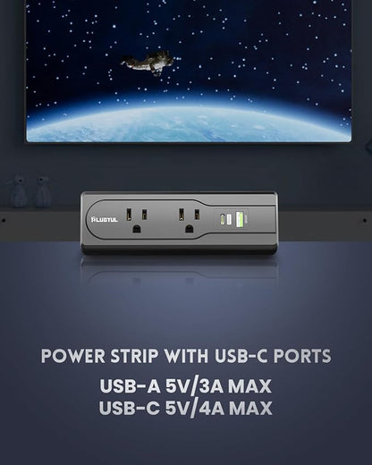 Desk Clamp Power Strip, 10FT Outlet Station with 2 Outlets, PD 20W Fast Charging, Flat Plug, 16 Gauge, Black Power Strip with USB C, Fit 1.72" Tabletop Edge