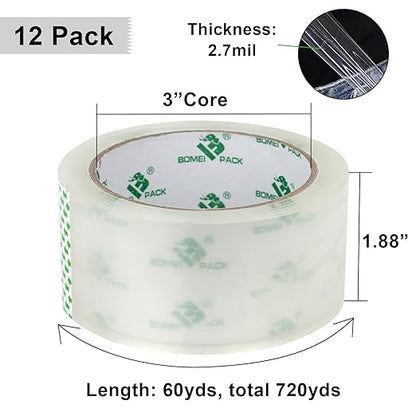 BOMEI PACK Clear Packing Tape, 2.7Mil Thick Heavy Duty Packaging Tape 12Rolls Refills with 1 Dispenser for Box Sealing, Moving and Shipping, 1.88 Inch x 60 Yard, Total 720yds