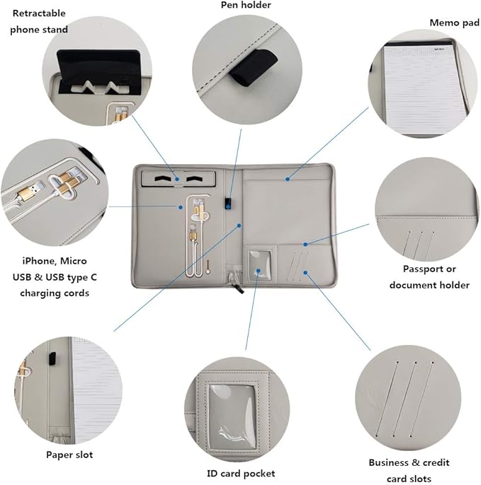 Phone Charging Business & Travel Portfolio w/Built-in Power Bank- Zipper Closure & Refillable Pad- Professional Organizer Padfolio That Charges Phones/Tablets on The Go (Gray)