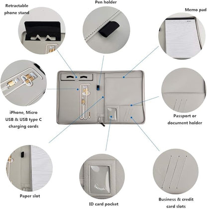 Phone Charging Business & Travel Portfolio w/Built-in Power Bank- Zipper Closure & Refillable Pad- Professional Organizer Padfolio That Charges Phones/Tablets on The Go (Gray)