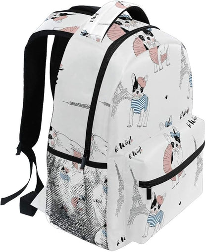 French Bulldog Paris Backpack School Bag Travel Daypack Rucksack for Students Boys Girls, Laptop Backpack