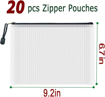 AUSTARK 20 Pcs Zipper File Bags, Plastic Mesh Pouch, Board Game Storage Bag, Waterproof Bags for Office School (A5 Size 9.2''x6.7'', White and Black)