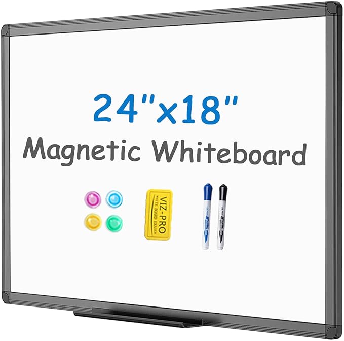 VIZ-PRO Magnetic Whiteboard/Dry Erase Board with Black Aluminium Frame, 24 X 18 Inches, Includes 1 Eraser & 2 Markers & 4 Magnets
