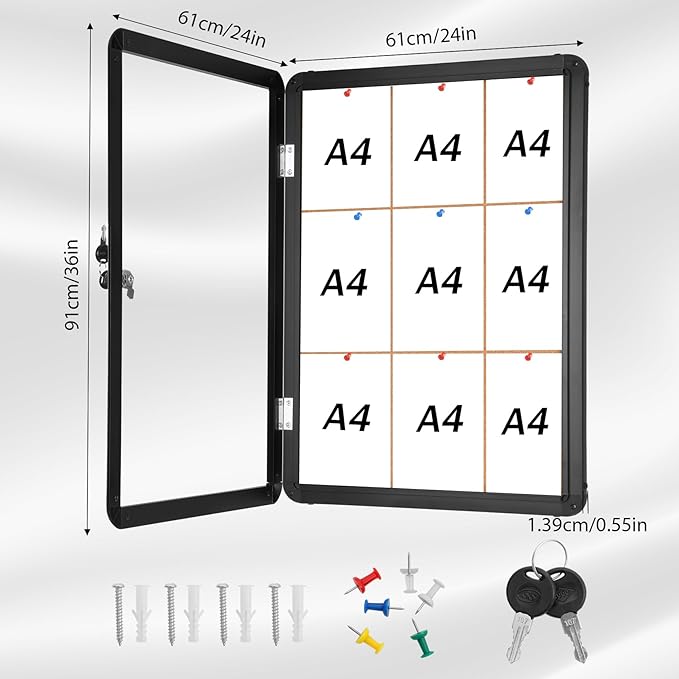 Magula 36"x24" Enclosed Cork Bulletin Board Tamper-Proof Dispaly Case, Black Aluminium Frame, Shatter Resistant Lockable Bulletin Board, Enclosed Cork Board for School, Office,Commercial,Hospital etc