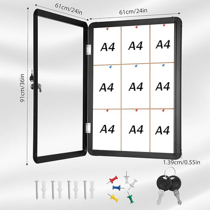 Magula 36"x24" Enclosed Cork Bulletin Board Tamper-Proof Dispaly Case, Black Aluminium Frame, Shatter Resistant Lockable Bulletin Board, Enclosed Cork Board for School, Office,Commercial,Hospital etc