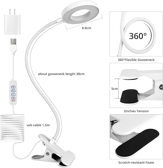 Desk Clip on Lamp for Reading Home Office, with 5V 2A Adapter, 10 Dimmable Brightness 3 Modes, Clamp Reading Light for Bed Headboard, Craft (White)…