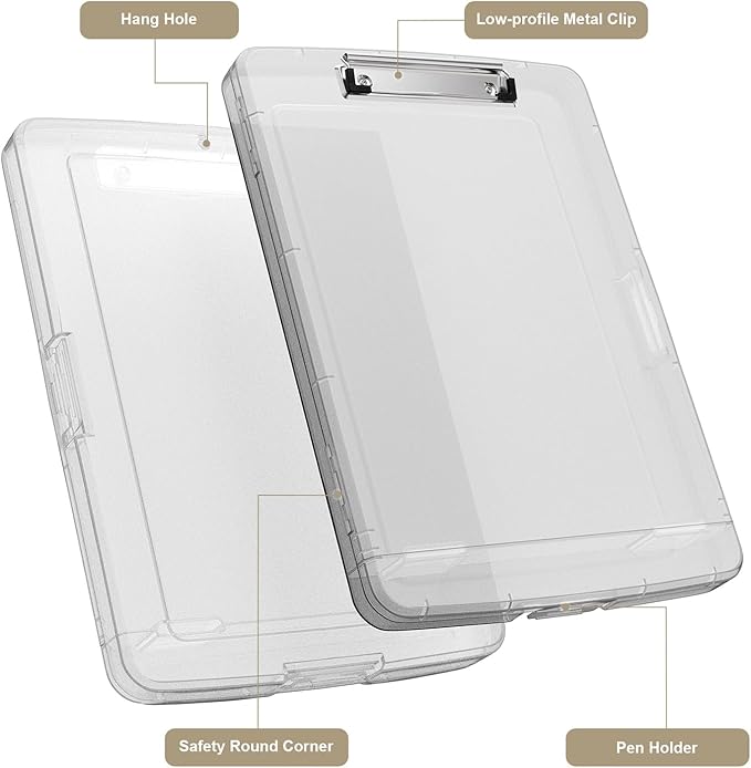 Piasoenc Clipboard with Storage, 8.5 x 11 Organization Box with Pen Holder and A4 Legal Paper Folder, Heavy Duty Plastic, Folio & Side-Opening, Low Profile Clip, for Nurses,Teachers, Translucent