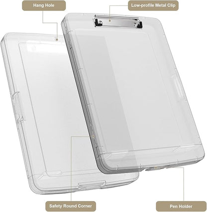 Piasoenc Clipboard with Storage, 8.5 x 11 Organization Box with Pen Holder and A4 Legal Paper Folder, Heavy Duty Plastic, Folio & Side-Opening, Low Profile Clip, for Nurses,Teachers, Translucent