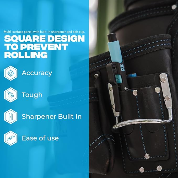 OX Tools Pro Tuff Carbon Marking Pencil with Pencil Holder, Sharpener & Belt Clip -Ideal for Carpentry and Construction, OX-P503201