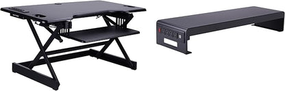 Rocelco 46" Standing Desk Converter with AC USB Charger and Dual Monitor Stand - Height Adjustable Three Screen Riser Computer Workstation - Sliding Keyboard Tray - Black (R DADRB-46-ACUSB-DM3)