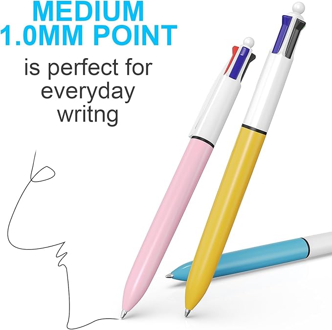 16-Pack Multicolor Ballpoint Pens. 4 color pens in one: red, blue, black, and green. It writes smoothly and is suitable for use in planners. These are 0.7mm multicolor pens.