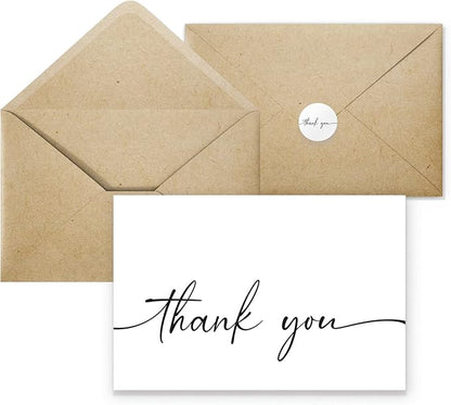 Bulk Pack of 20 Thank You Cards with Kraft Envelopes and Matching Stickers | Classy Designs 4x6 Inches Modern & Minimalistic Design | Suitable for Business, Baby Shower, Wedding, Small Business,