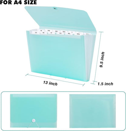 2 PCS Expanding File Folder A4,13 Pockets File Organiser with Colored Tags, Paperwork A4 Plastic Wallet Document Storage Expander for School,Office and Home, Light Green