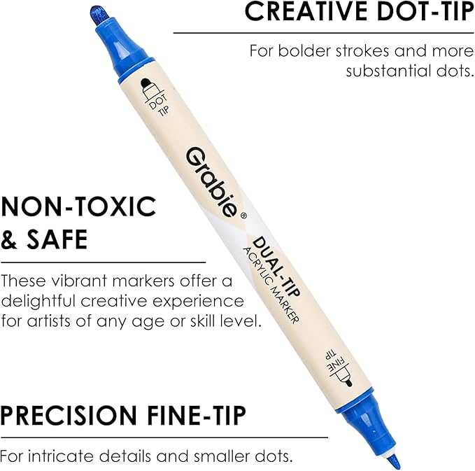 Grabie 36 Colors Dot Paint Acrylic Paint Pens, Acrylic Paint Markers Dual Tip (Fine 1mm + Dot 5mm), Acrylic Markers for Fabric, Canvas, Rock, Glass, Wood, Paper, DIY, Dot Markers for Adults