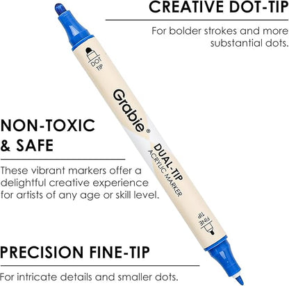 Grabie 36 Colors Dot Paint Acrylic Paint Pens, Acrylic Paint Markers Dual Tip (Fine 1mm + Dot 5mm), Acrylic Markers for Fabric, Canvas, Rock, Glass, Wood, Paper, DIY, Dot Markers for Adults