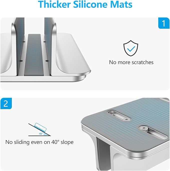 OMOTON Vertical Laptop Stand Holder, Desktop Aluminum Stand for MacBook with Adjustable Dock Size, Fits All MacBook, Surface, Chromebook and Gaming Laptops (Up to 17.3 inches), Silver