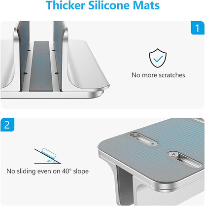 OMOTON Vertical Laptop Stand Holder, Desktop Aluminum Stand for MacBook with Adjustable Dock Size, Fits All MacBook, Surface, Chromebook and Gaming Laptops (Up to 17.3 inches), Silver