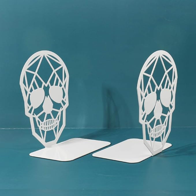 Metal Skull Design White Bookend - Heavy-Duty Bookends for Shelves, Skull Book Ends for Heavy Books, Book Shelf Holder Home Office Decorative Desktop Organizer (2 Pair-White)