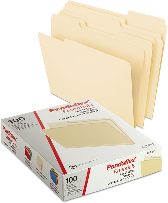Pendaflex File Folders, Letter Size, 1/3 Cut, Manila, 100 per Box (752 1/3)