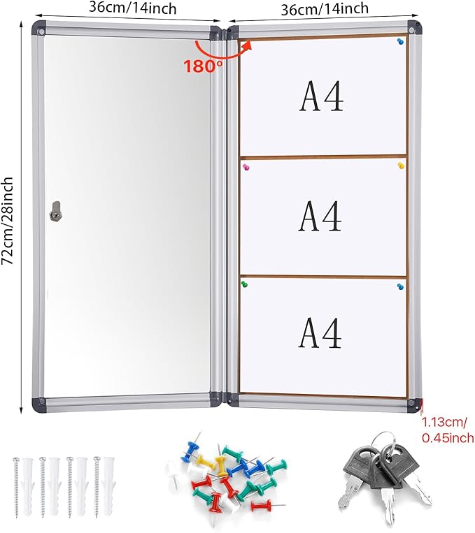 SWANCROWN Lockable Noticeboard Wall-Mounted Bulletin Pin Cork Boards Message Board with Aluminium Frame 28x14 inch
