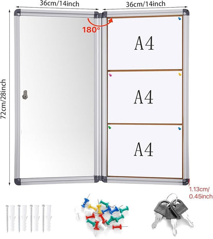 SWANCROWN Lockable Noticeboard Wall-Mounted Bulletin Pin Cork Boards Message Board with Aluminium Frame 28x14 inch