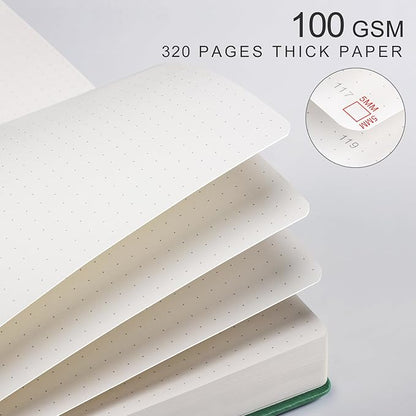EMSHOI Bullet Dotted Journal Notebook - 320 Pages, 100gsm Thick Paper, A5 Hardcover Leather, Dot Grid Notebook for Women Men Work Writing, Bullet Journaling, Drawing, 5.75 x 8.38, Dark Green