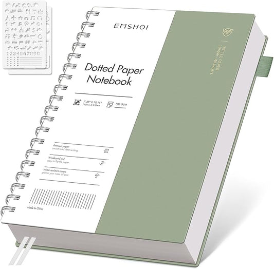 EMSHOI Spiral Notebook B5 Bullet Dotted Journal, Dotted Grid Notebook with 300 Pages, 100gsm Thick Paper, 7.48" × 10.15", Waterproof Softcover Notebook for School Work Writing - Light Green