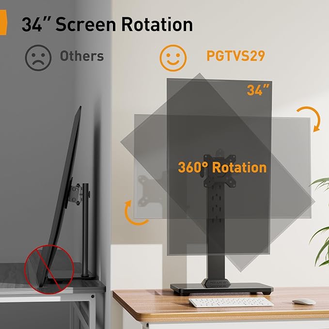 Perlegear Monitor Stand, Freestanding Monitor Mount for 13-34 inch Screens with 360 Degree Rotation, 5 Height Settings, Adjustable Monitor Desk Riser with Swivel and Tilt, Max VESA 100x100mm, PGTVS29