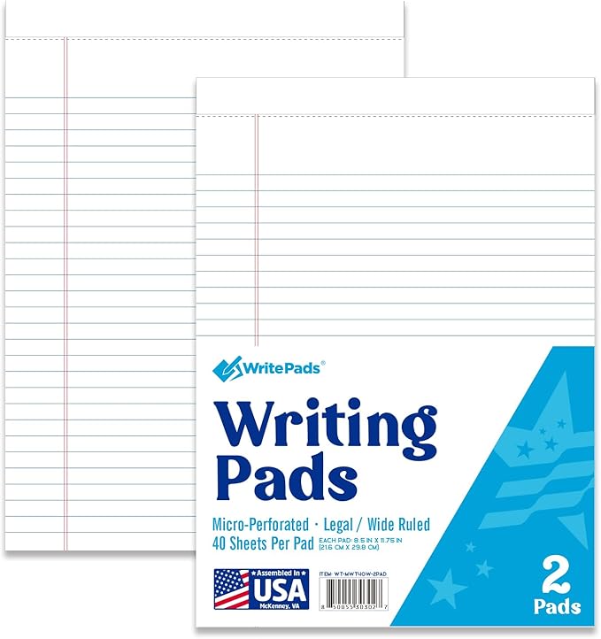 KAISA Legal Pads 8.5x11 Writing Pads Wide Ruled Notepads 8.5"x11.75" White Note Pads 40 Sheets 2 Pads,WT-MWT40W-2PAD，Made in the USA.
