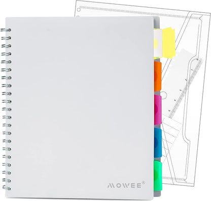 5 Subject Notebook - Spiral Notebook, College Ruled Notebook With Dividers Pocket, Tabs, 11" Ruler, 200 Pages, for Writing Journal, Home & Office, School Supplies, 8.5''x11'' Lily White