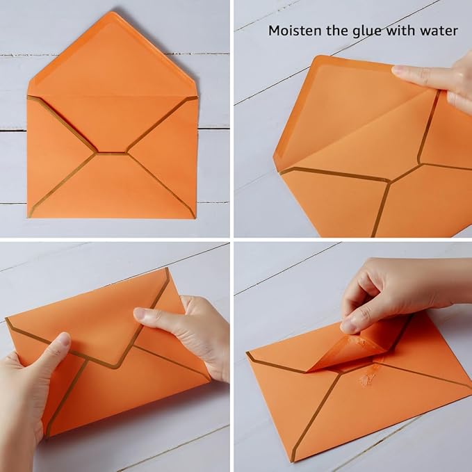50 Pack Dark Orange A7 Envelopes 5 x 7 Self-Adhesive V Flap Envelopes with Gold Border for Office, Greeting Card, Wedding, Graduation, Baby Shower, Parties, Invitations (5x7 inches)