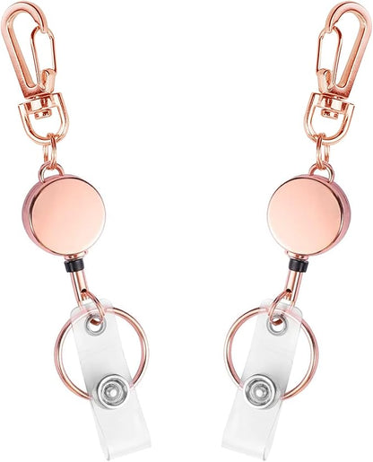 2 Pack Metal Retractable Badge Reel ID Badge Holder with Cord and Carabiner Key Chain (Rose Gold)