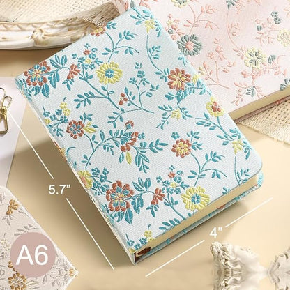 Pocket Notebook, A6, 4x6, Silk Cover, Hardcover, Lay Flat, Small Embroidered Journal, Cute Journal, Ruled Notebook & Sketchbook, Note Taking Notebook for Women, Pretty Notebook, Blue