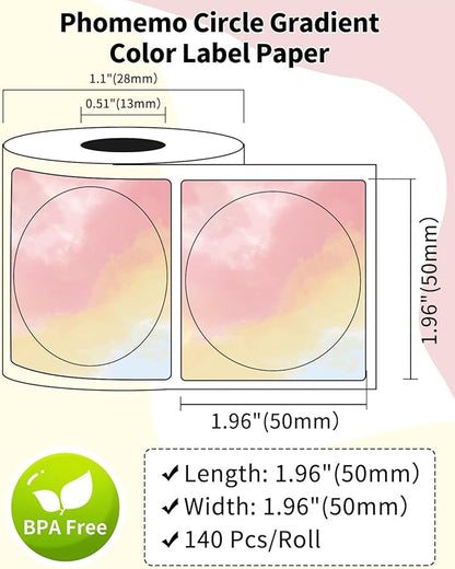 Phomemo Circle Label Compatible with M110/M100/M120/M150/M200/M220/M250 Label Maker, 1.96" x 1.96"（50 x 50 mm） Thermal Round Rainbow Gradient Labels, 1 Rolls/140 Labels