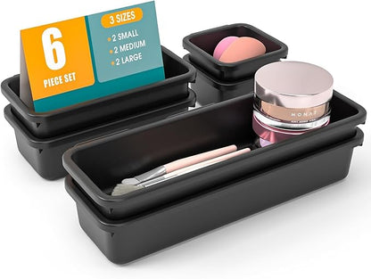 6 PCS Drawer Organizer Set, 3 Size Makeup Drawer Divider Organizer With Non-Slip Pads, Interlocking Plastic Storage Bins for Office,Jewelry Vanity,Gadgets, Bathroom,Kitchen, Black