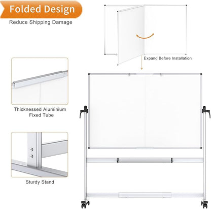 VIZ-PRO Double-Sided Mobile Whiteboard, 60 x 48 Inches, Magnetic Rolling Dry Erase White Board on Wheels with Aluminium Frame and Stand