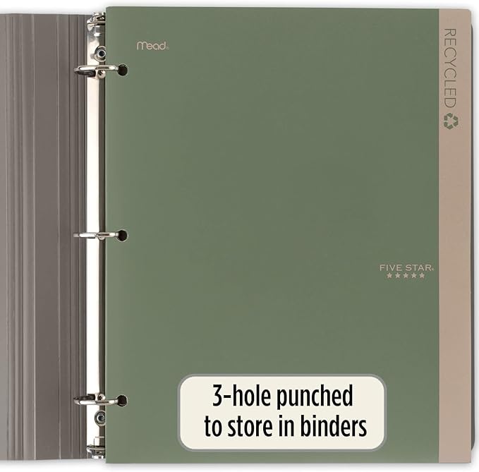 Five Star 2 Pocket Folders, 4 Pack, Recycled Plastic Folders with Stay-Put Tabs and Prong Fasteners, Fits 3-Ring Binder, Holds 11” x 8-1/2” Paper, Writable Label, Clay, Green, Blue, Gray (33002)