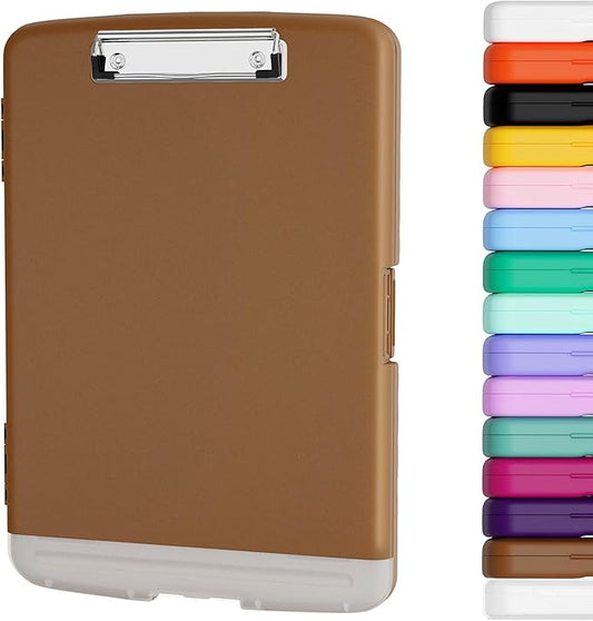 Piasoenc Clipboard with Storage, 8.5 x 11 Organization Box with Pen Holder and A4 Legal Paper Folder, Heavy Duty Plastic, Folio & Side-Opening, Low Profile Clip, for Nurses, Teachers, Brown