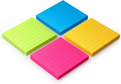 Lined Sticky Notes 3x3 Sticky Notes with Lines Self-Stick Notes Bright Color 4 Pads 90 Sheets/Pad (Bright)