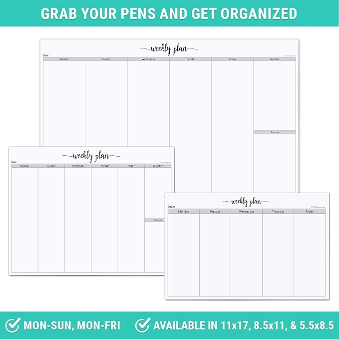 321Done Weekly Planning Notepad Landscape - 50 Sheets (8.5" x 5.5") - Horizontal Weekly Days of Week Paper Note Pad, Planner Organizing - Made in USA - Simple Script