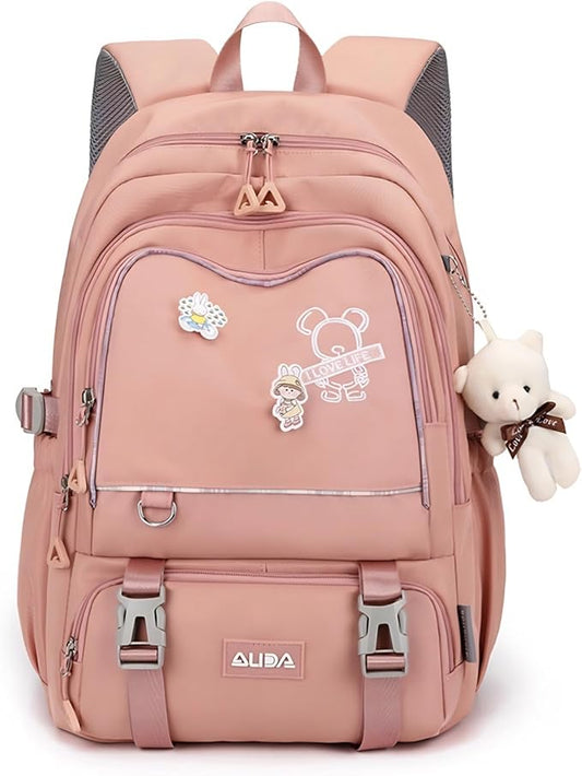 Cute School Laptop Backpack with Large Capacity Multiple Pockets for Girls Travel Friendly with Luggage Strap Accessory Included (Flesh Pink)