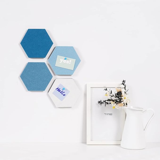LAJAR 8 Pcs Hexagon Felt Bulletin Board Tiles, Self Adhesive Felt Pin Board Wall Tiles for Photos, Pictures, Memos (Cyanine)