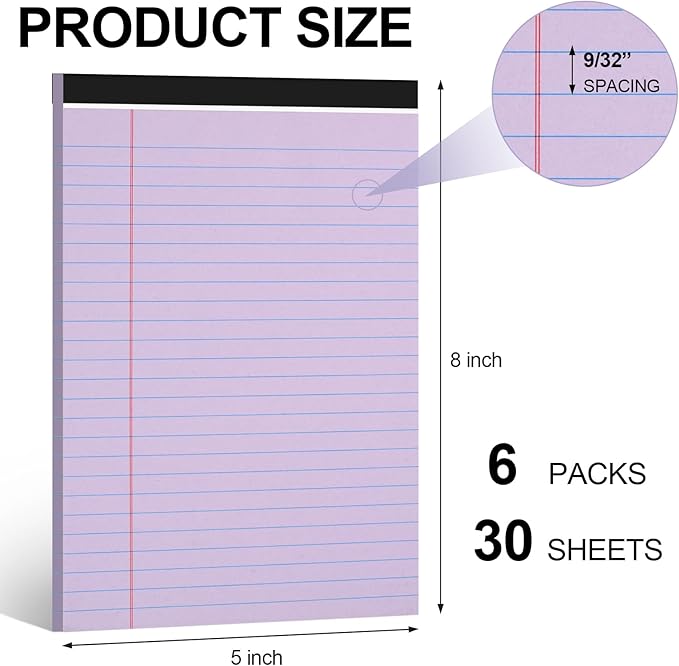 Utron 6 PCS Small Legal Pads 5x8 Purple, Narrow Ruled Small Note Pads 5x8, Micro Perforated Writing Pad, College Ruled Legal Notepads 5x8 for Study, Office, To-Do Lists(30 Sheets/Small Notepad)