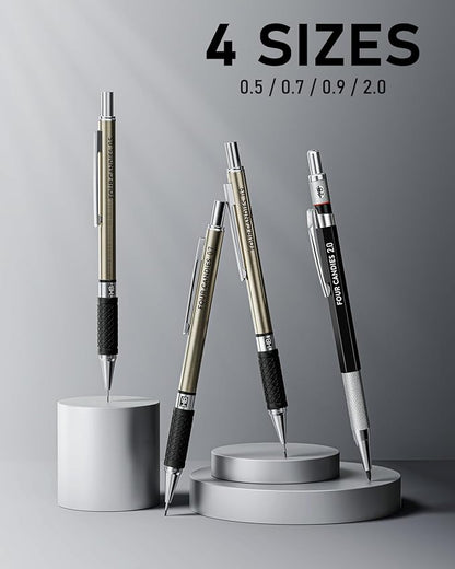 Four Candies 25PCS Art Mechanical Pencil Set with Case, 3PCS Metal Artist Lead Pencil 0.5, 0.7, 0.9 mm & 3PCS 2mm Holder (HB 2H 2B 4B Color) with 432PCS Graphite Lead Refills for Drawing Sketching