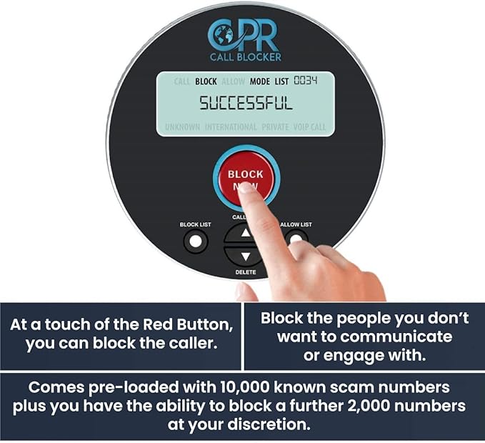 CPR V10000 – Whitelist Call Blocker. Landline Phone Call Blocker. Dual Mode Protection. Pre-Loaded with 10,000 Known Robocall Scam Numbers - Spam Call Blocker for Home Phones (Black (Renewed))