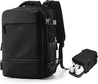 Travel Backpack Simple Durable Carry On Backpack with Shoe Compartment, Personal Item Travel Bag Flight Approved, Water Resistant Laptop Backpack for Women Men Weekender Business, Black