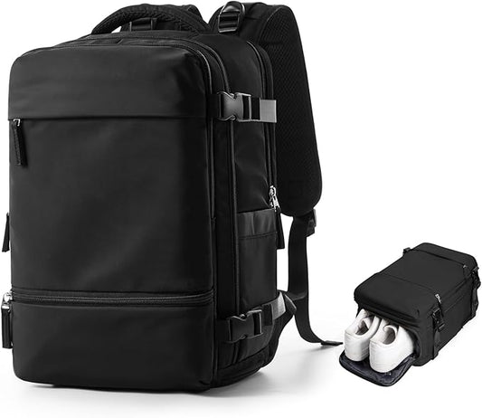 Travel Backpack Simple Durable Carry On Backpack with Shoe Compartment, Personal Item Travel Bag Flight Approved, Water Resistant Laptop Backpack for Women Men Weekender Business, Black